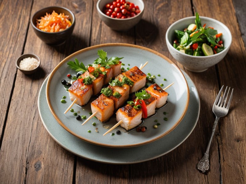 Brochettes de poisson mariné à l'asiatique