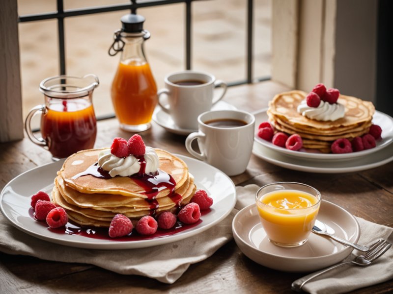 Crêpes aux pêches et au coulis de framboises