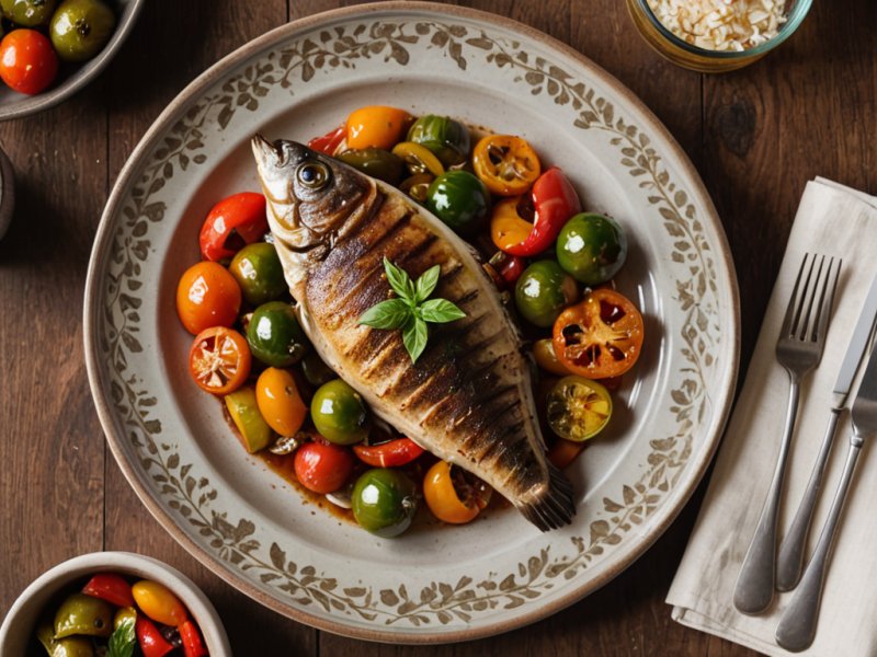 Daurade rôtie aux tomates et poivrons