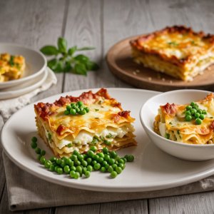 Lasagnes aux oeufs, chèvre et petits pois