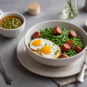 Oeuf aux petits pois et chorizo