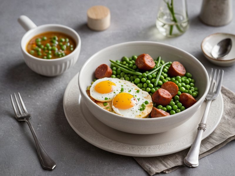 Oeuf aux petits pois et chorizo