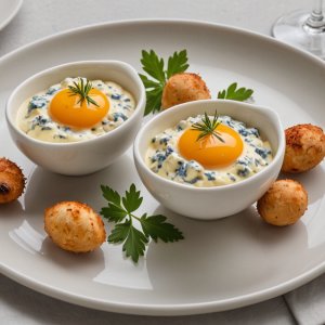 Huevos a la cocotte con hierbabuena y queso roquefort