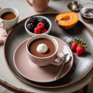 Pêches pochées sur coulis de chocolat chaud
