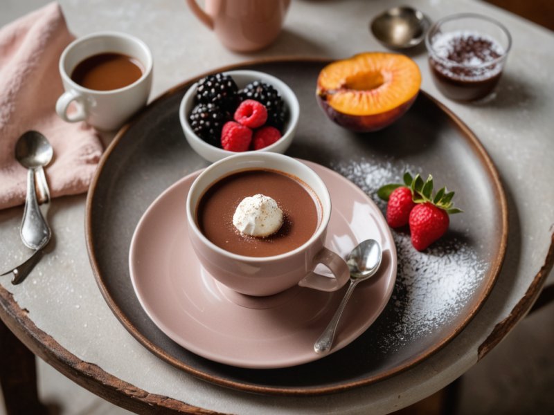 Pêches pochées sur coulis de chocolat chaud