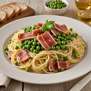 Pâtes aux petits pois, poireaux et bacon