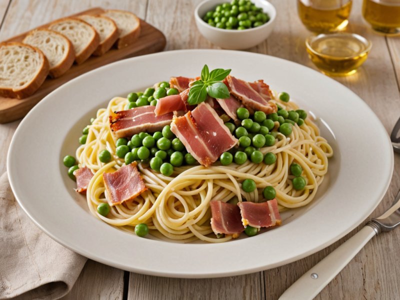 Pâtes aux petits pois, poireaux et bacon
