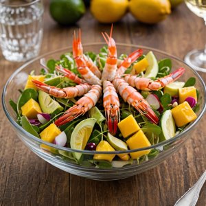 Ensalada de langostinos, manga y aguacate