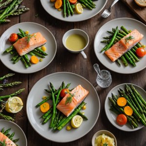 Saumon aux asperges vertes et petits légumes