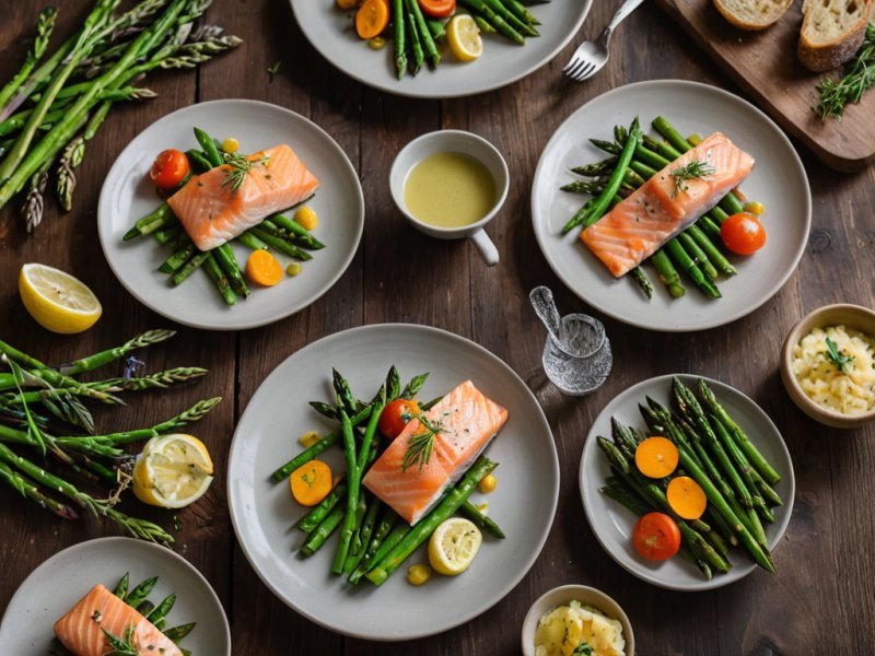 Saumon aux asperges vertes et petits légumes