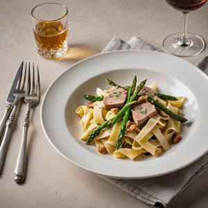 Tagliatelles aux asperges et émincé de veau