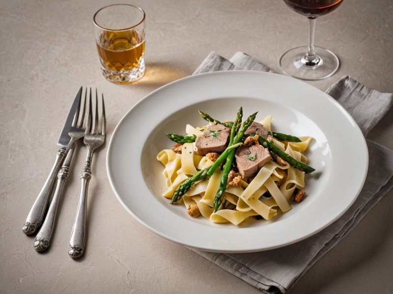 Tagliatelles aux asperges et émincé de veau