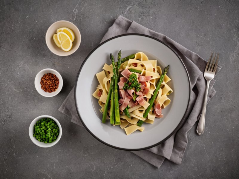 Tagliatelles aux pointes d'asperges et lardons