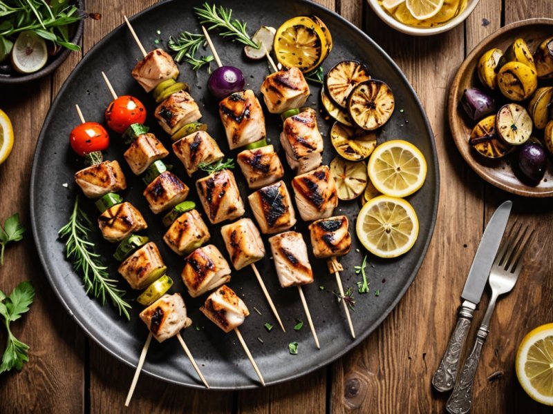 Brochettes de poulet mariné au citron sur la grille du barbecue avec herbes