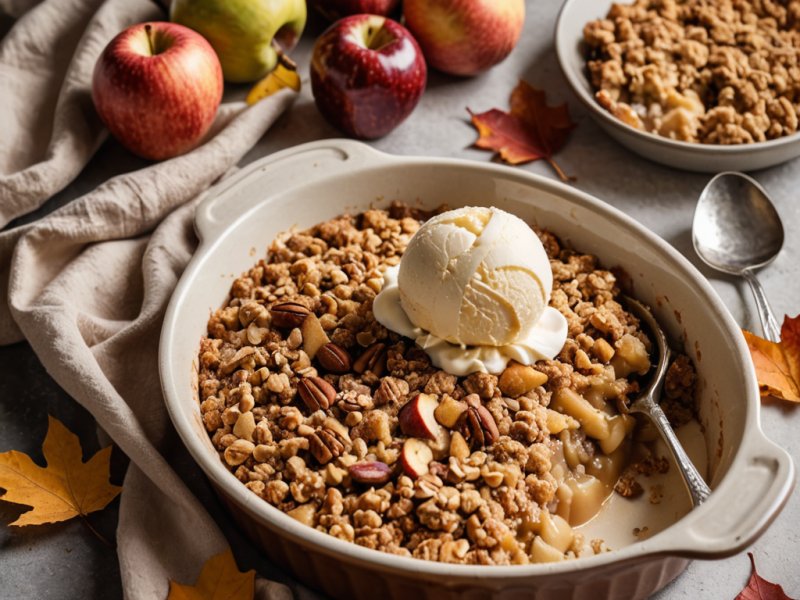 Crumble pommes et châtaignes doré dans un plat
