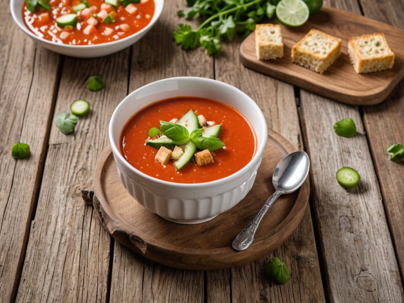 Gaspacho andalou classique servi dans un bol avec garniture de légumes frais