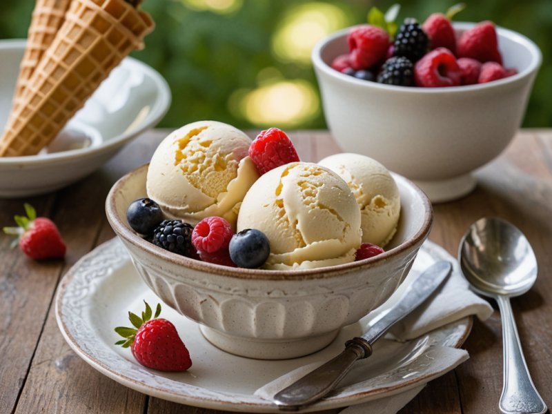 Boules de glace à la vanille maison dans un bol avec gousse de vanille