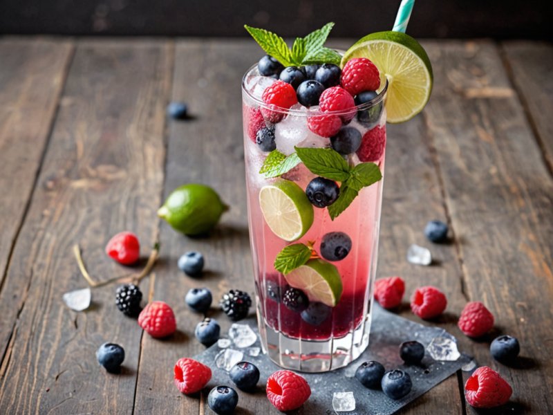 Mojito sans alcool aux fruits rouges dans un grand verre avec menthe et citron vert