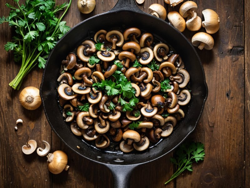Poêlée de champignons à l'ail et persil dans une poêle en fonte