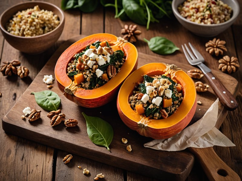 Potimarron farci au chèvre et noix sur planche en bois