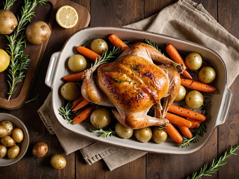 Poulet rôti doré au citron et herbes dans un plat avec légumes printaniers