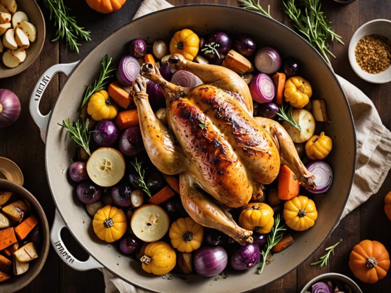 Poulet rôti doré avec légumes d'automne dans un plat