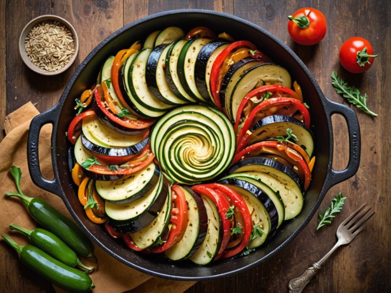 Ratatouille provençale dans un plat en terre cuite avec légumes colorés et herbes