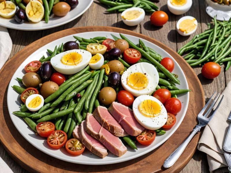 Salade niçoise estivale sur un grand plat avec thon, œufs, olives et légumes frais