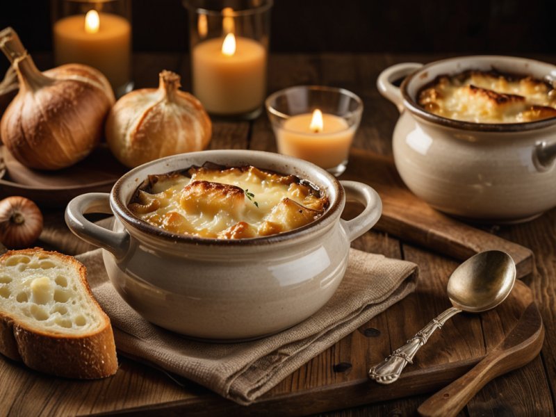 Soupe à l'oignon gratinée dans un bol en céramique