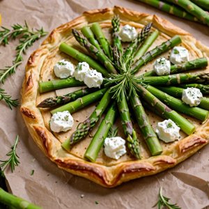 Tarte fine aux asperges vertes et chèvre frais sur planche en bois