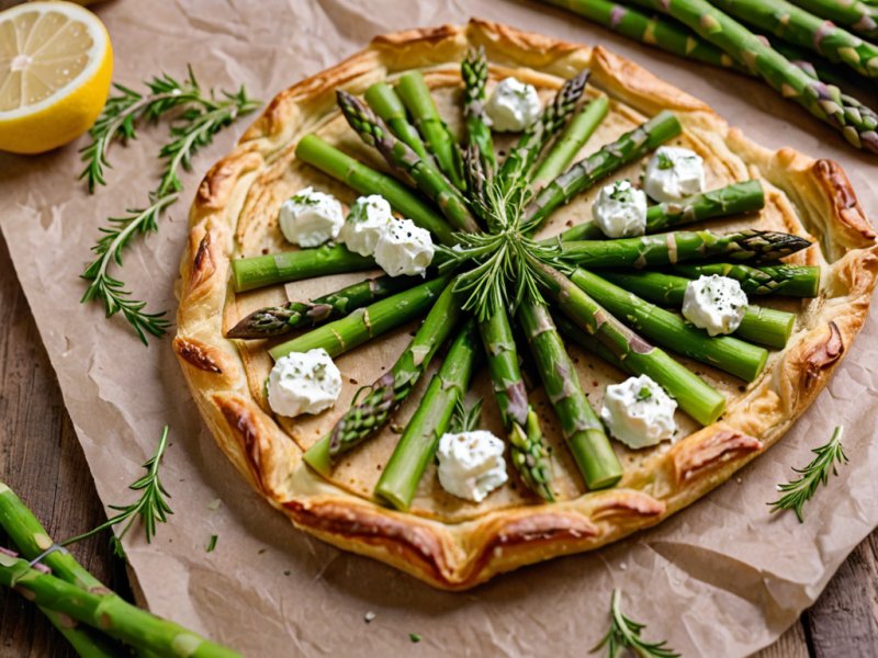 Tarte fine aux asperges vertes et chèvre frais sur planche en bois