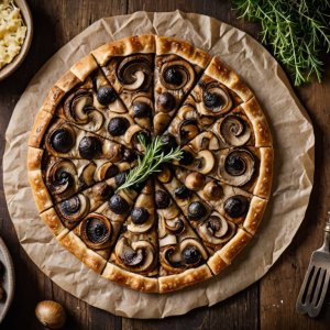Tarte rustique aux champignons sur planche en bois