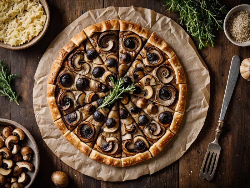 Tarte rustique aux champignons sur planche en bois