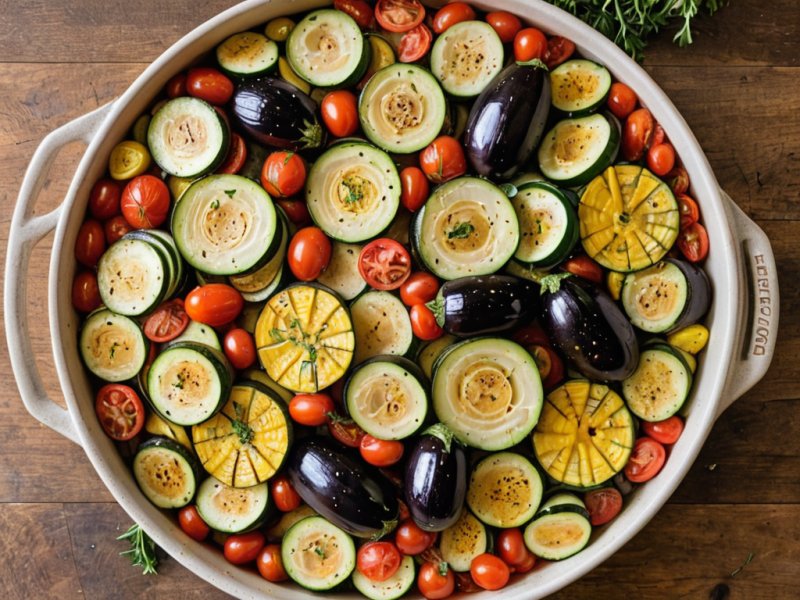 Tian de légumes d'été en rosace colorée dans un plat en terre cuite