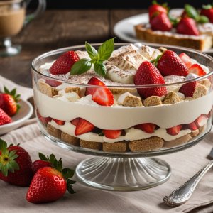 Tiramisu aux fraises et basilic dans un plat en verre avec fraises fraîches