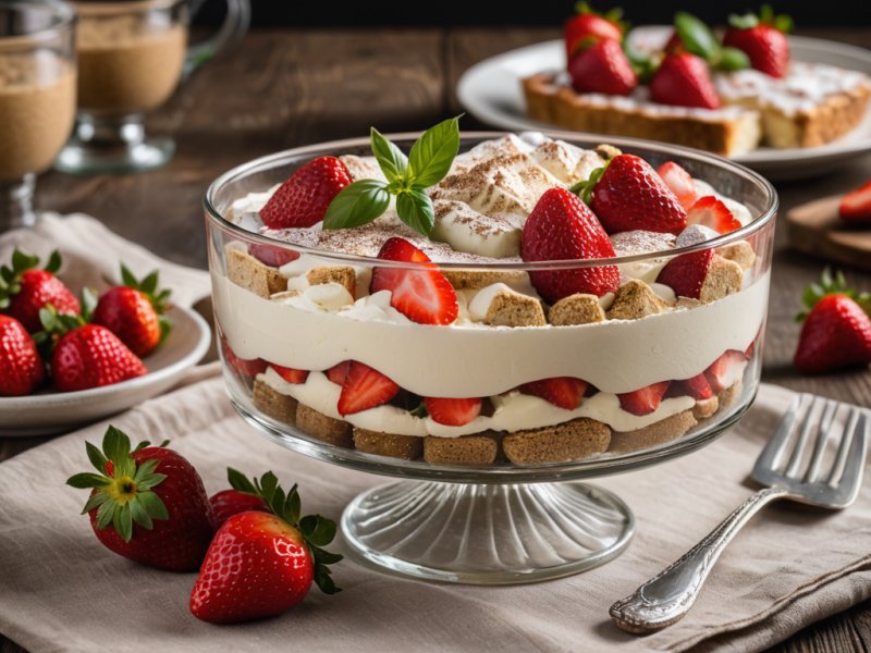 Tiramisu aux fraises et basilic dans un plat en verre avec fraises fraîches