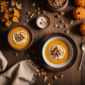 Velouté de butternut dans un bol avec noisettes torréfiées