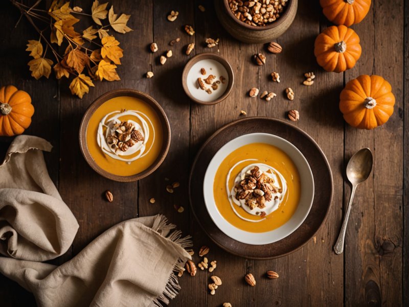 Velouté de butternut dans un bol avec noisettes torréfiées